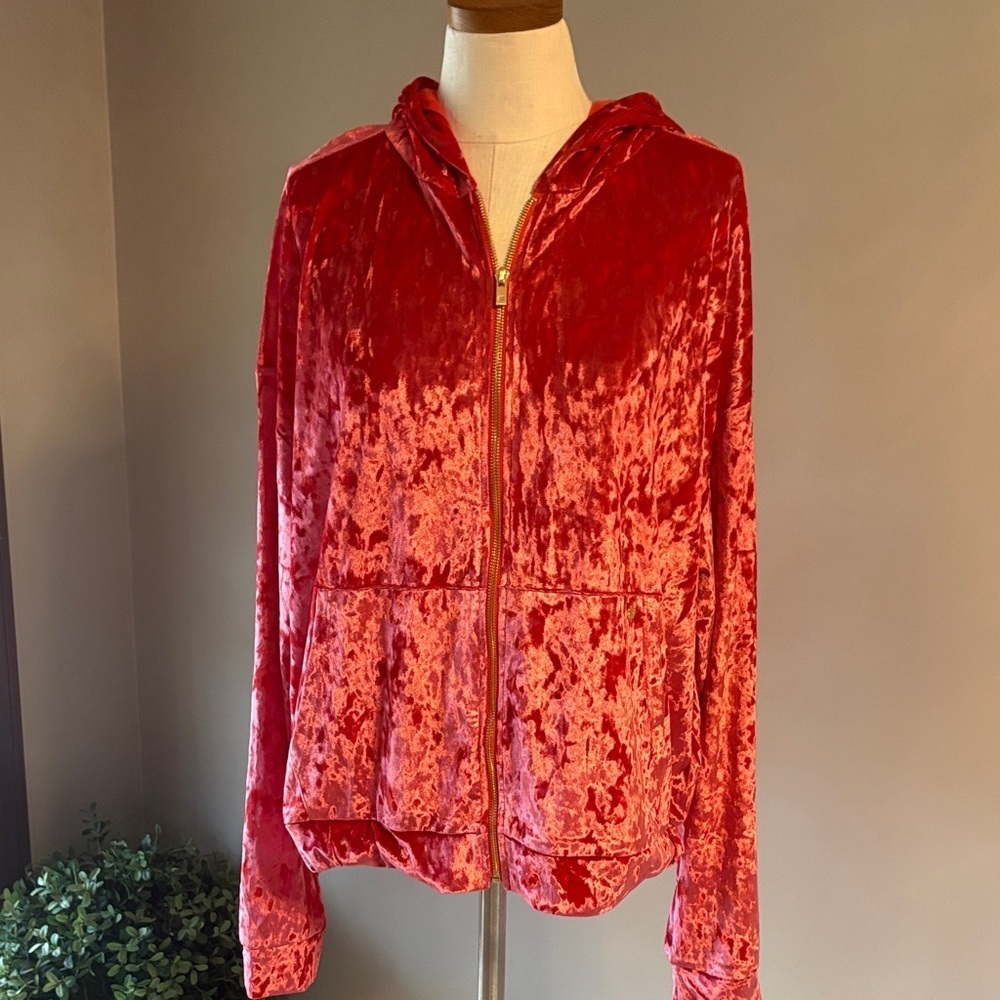 Fabletics crushed velour velvet Red Women's hooded Jacket zip up kangaroo pocket